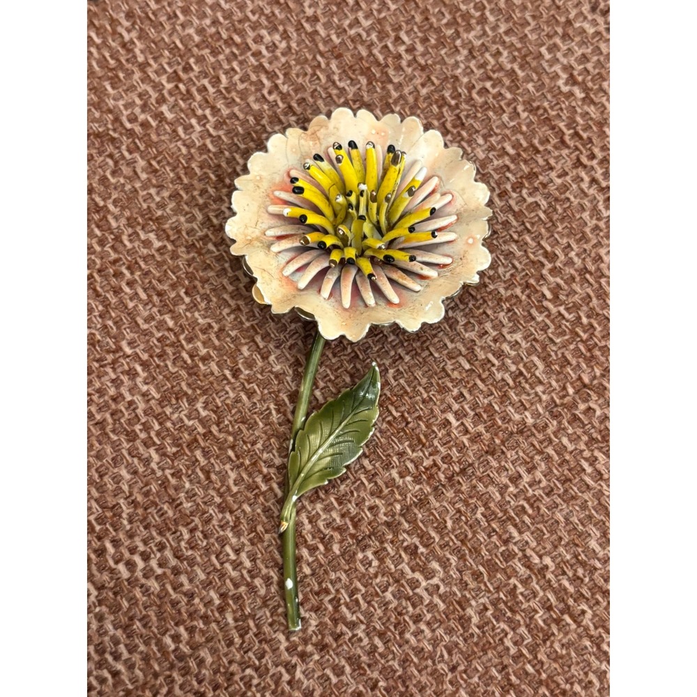 Vintage Enamel Flower Brooch Cream Yellow Green 3D Layered Floral Pin 3.25 Inch